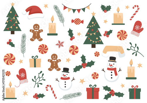 Festive christmas holiday symbols and decorations vector set with snowmen trees and gifts