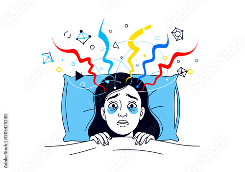 Illustrating the mental turmoil and anxiety overwhelming a person during sleep disturbing their restful night