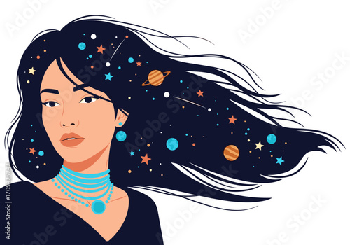 Astral woman with cosmic hair adorned with planets stars and nebulae a celestial being of wonder and mystery