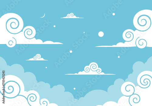 Whimsical sky scenery with dreamlike clouds and celestial bodies