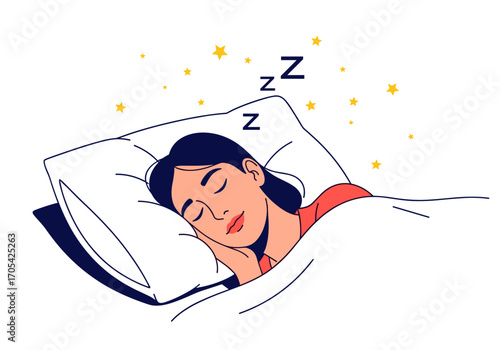 Woman peacefully sleeping on a comfortable pillow surrounded by twinkling stars and zzz symbols indicating deep slumber