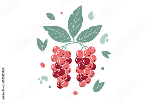 Vibrant red berries with green leaves and abstract shapes for a fresh and natural feel