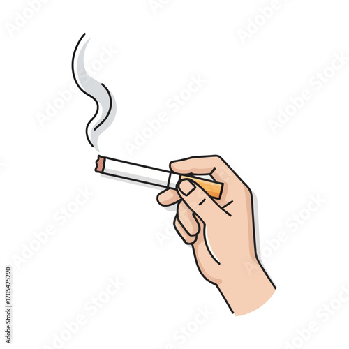 Simple line art illustration of a hand holding a lit cigarette, representing the concept of an unhealthy habit and tobacco addiction
