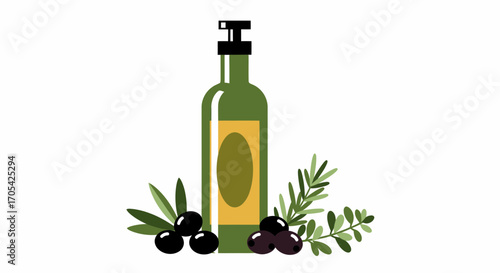 Elegant Olive Oil Bottle With Twigs And Olives Composition