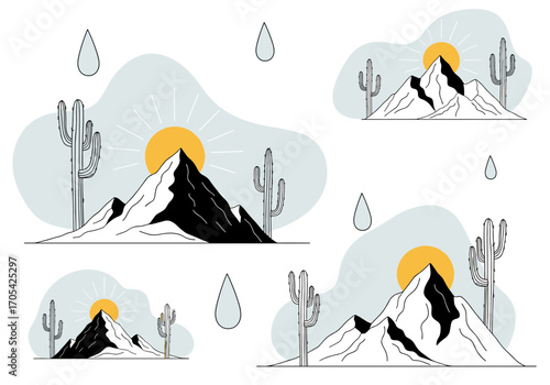 Desert mountain landscape with cacti and sun illustration set