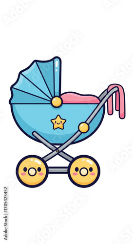 Cute cartoon baby stroller with a star and pink blanket.