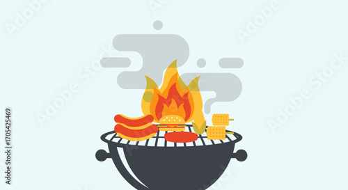 Iconic Barbecue Grill With Flames And Tasty Food Illustration