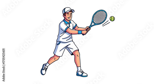Man playing tennis hitting ball with racket.