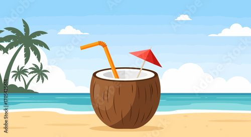 Refreshing Coconut Drink On Tropical Beach Scene In Summer Vacation