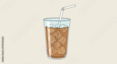 Refreshing Iced Coffee In Plastic Cup On Simple Background Illustration
