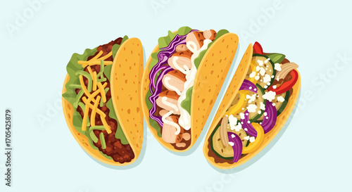 Three Different Tacos With Delicious Filling, Vector Illustration