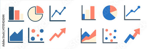 Modern collection of diverse business data visualization charts, graphs, and statistical elements for analysis and reporting