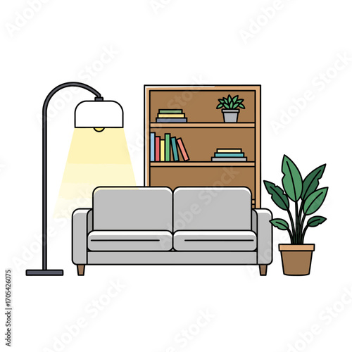 Cozy living room scene featuring a sofa, floor lamp, bookcase, and potted plants.