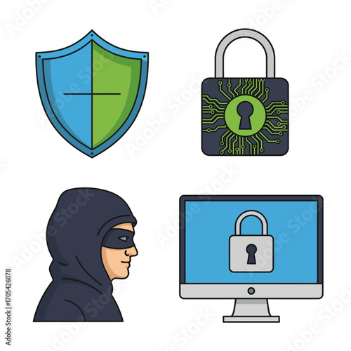 Set of cybersecurity icons representing digital protection, online threats, and data safety, featuring a hacker, shield, and encrypted padlock