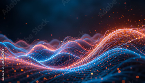 Wallpaper Mural Abstract visualization of undulating waves composed of glowing blue and orange particles, creating a dynamic, fluid motion against a dark, cosmic background, representing data flow or energy Torontodigital.ca