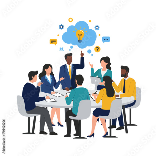 Diverse team of professionals in a creative meeting, brainstorming innovative ideas and solutions through collaboration