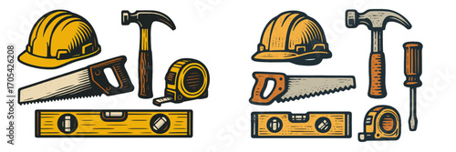 Essential construction and carpentry tools including hard hat hammer saw tape measure and level for building