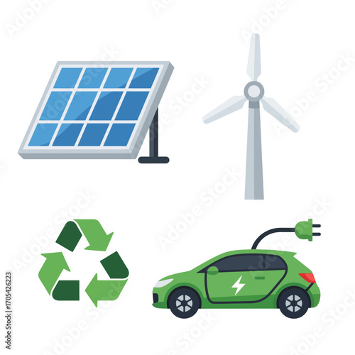 Collection of vector icons symbolizing environmental conservation, including solar energy, wind power, recycling, and electric mobility