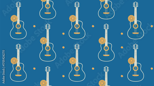 A seamless pattern of white outlined guitars with orange flowers on a dark blue colored background