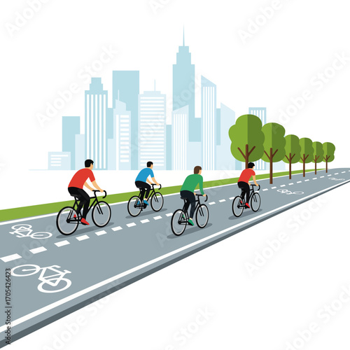 Cityscape view of a group of people cycling on a dedicated bike lane.