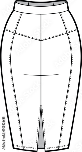 High-waisted pencil skirt CAD flat sketch with front slit, tailored seams, detailed garment design for fashion and apparel production.