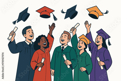 A diverse group of graduates celebrating with caps and diplomas, joyful and excited.