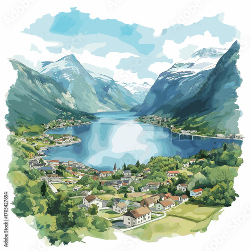 Geirangerfjord. Geirangerfjord watercolor vector illustration