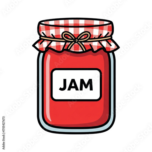 Jar of delicious red jam with checkered cloth lid.