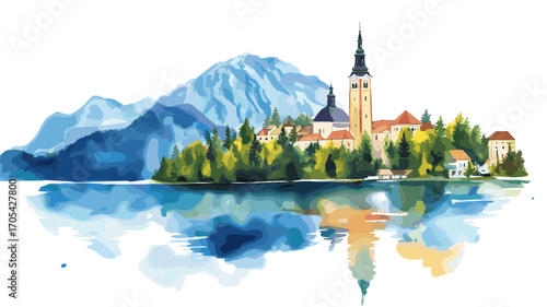 Lake Bled. Lake Bled watercolor vector illustration