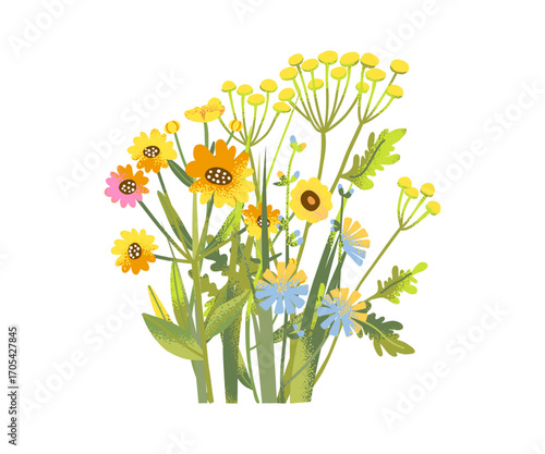 Wild bouquet of cartoon wildflowers, spring bunch and summer bush with groove floral style, colorful seasonal blossom illustration for decoration