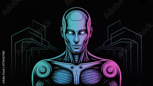 A futuristic robot with glowing eyes stands against a neon cityscape, embodying artificial intelligence and technological advancement