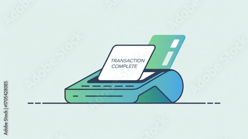 A point of sale terminal with a credit card and receipt, indicating a completed transaction