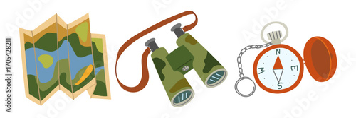 Set of travel items. Flat color illustration with insulation. Paper map open, military binoculars, open compass with chain. Navigation outdoor activities. Design for postcards. Picnics, hikes, camping