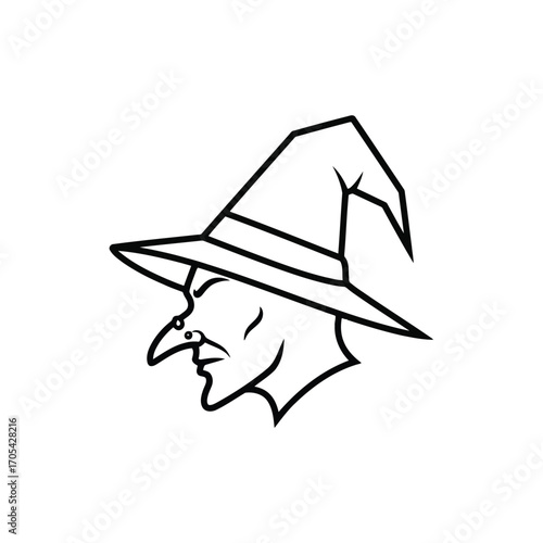 Vector art of a witchs profile with a pointed hat and nose, isolated on white