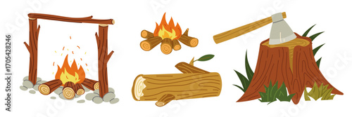 Set of items campfire. Flat color illustration with insulation. Stump, log, campfire, campfire with sticks for cooking. Necessary for outdoor recreation. Design for postcards. Picnics, hikes, camping