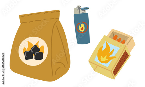 Set of items for starting a fire. Flat, isolated, colored illustration. Cardboard matchbox, plastic lighter, and craft charcoal bag. For cooking. Design for postcards. Picnics, hikes, and camping