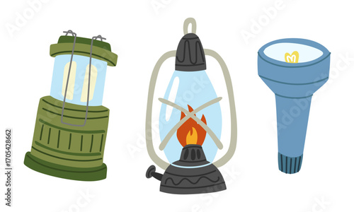 A set of items for lighting in nature. Flat isolated color illustration. Hand-held flashlight, kerosene lamp, LED flashlight. For lighting in the forest. Design for postcards. Picnics, hikes, camping