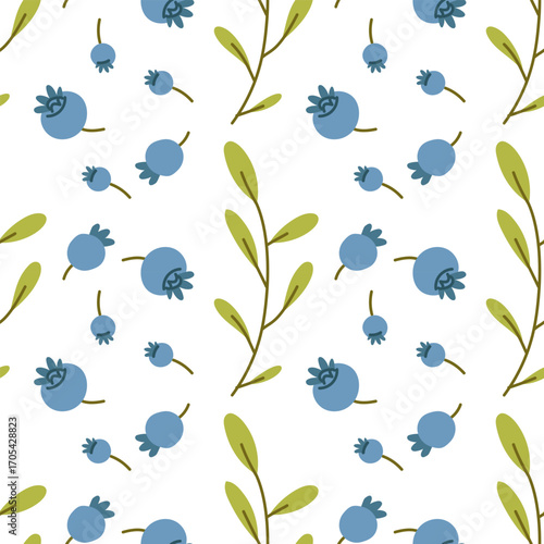 Pattern Blueberry leaves, blue berries are scattered. Flat colored seamless texture. Cute twigs with berries. Picking blueberries. Juicy berries. Design packaging. Picnic, camping, walking in forest