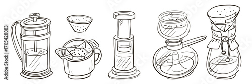 set of coffee-themed doodle items. Black outline on white. French press, Coffee in drip bags, Aeropress, vacuum brewer, Pour over coffee pot, paper filter. Coffee preparation. Cafe, coffee shop