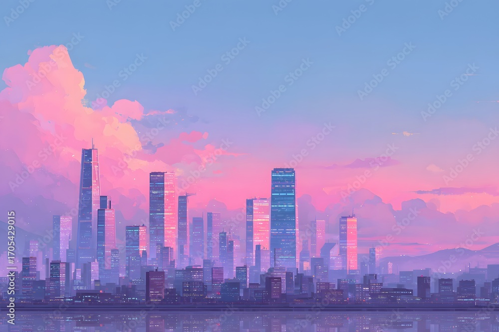 Fototapeta premium Futuristic city skyline with pink and purple sunset clouds