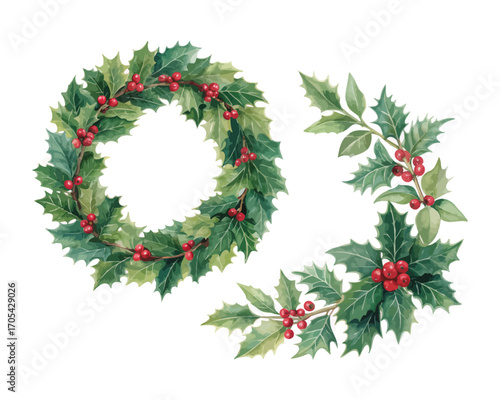 Watercolor Christmas wreaths holly vector illustration isolated on white background
