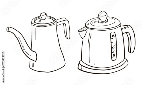 Set of doodle items on theme of coffee, tea. Black outline on white. Copper teapot with long spout for the cooktop, Retro-style electric kettle. Boiling water for hot drinks. Cafe, coffee shop