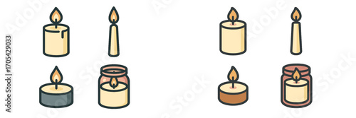 Set of glowing candles in diverse forms and vessels providing warm light and decorative elements