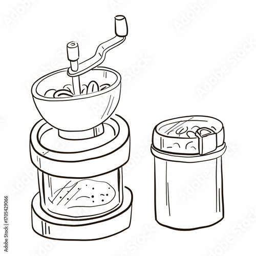set of coffee-themed doodle items. Black outline on white. Manual coffee grinder, Electric coffee grinder in retro style. Types of coffee bean grinding, fine grinding. Restaurant, cafe, coffee shop
