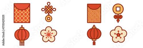 Traditional Chinese New Year cultural symbols set with red envelopes, lanterns, knots, plum blossoms