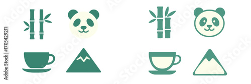 Minimalist flat design symbols featuring nature and beverage elements like bamboo, panda, teacup, and mountain