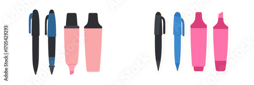 Diverse collection of writing and marking tools featuring black and blue pens and vibrant pink highlighters for office and school supplies
