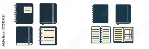 Collection of various dark blue notebooks and journals with different bindings and open pages for writing and planning