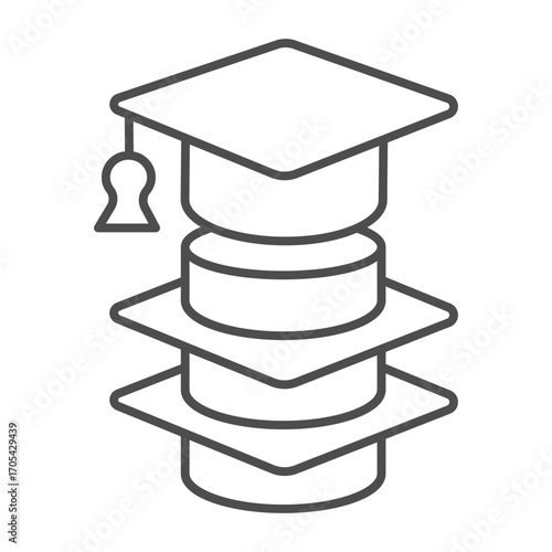 Graduate cap and disks thin line icon, osint analytics concept. Vector graphics. Student hat and discs of data layers, study sign on white background, outline style icon for mobile or web design.