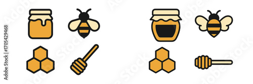 Sweet natural honey and bee themed graphic elements featuring a jar, a flying bee, honeycomb, and a wooden dipper
